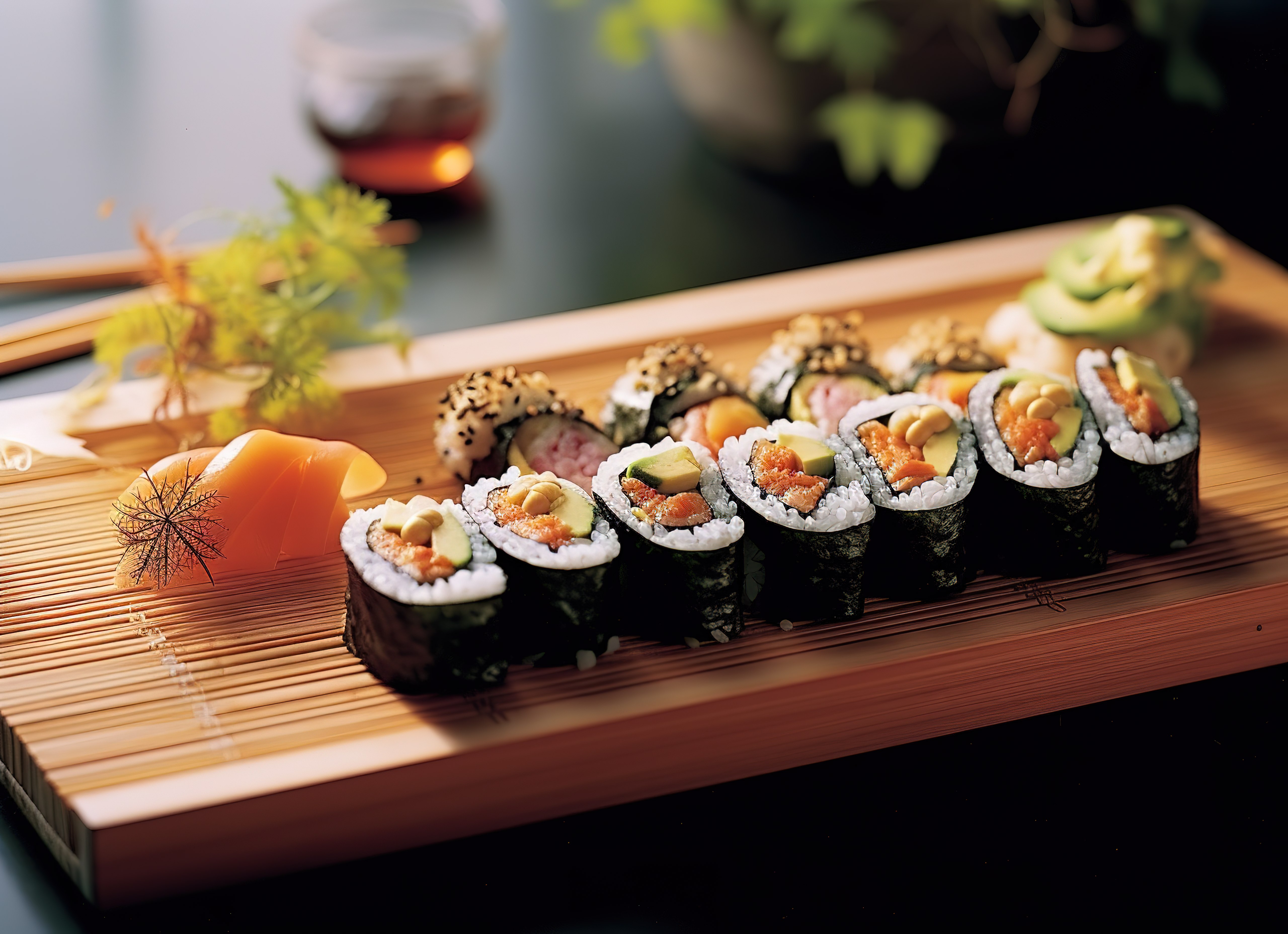 竹托盘上的一块寿司图片