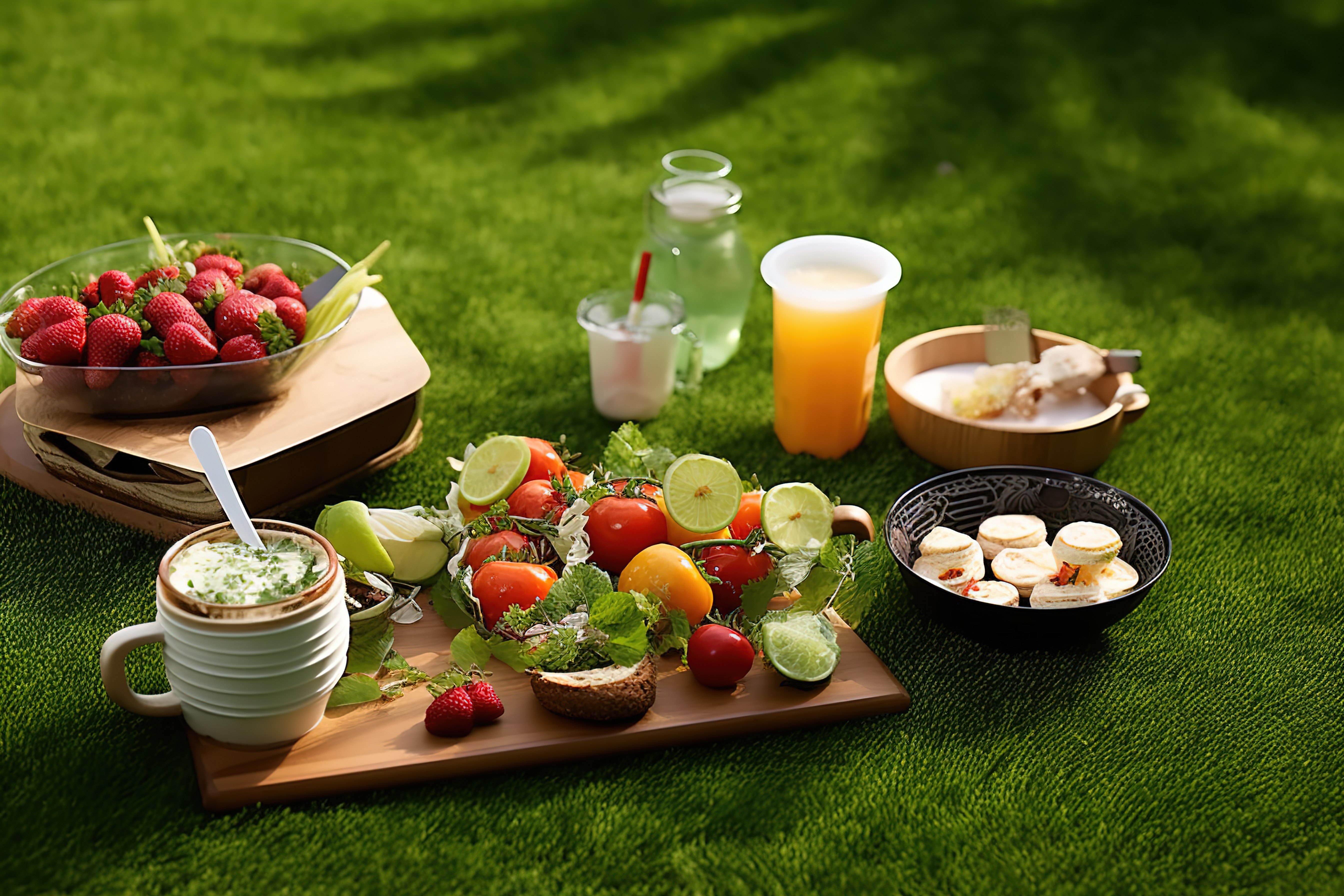 水果蔬菜和沙拉配面包在草地上野餐图片