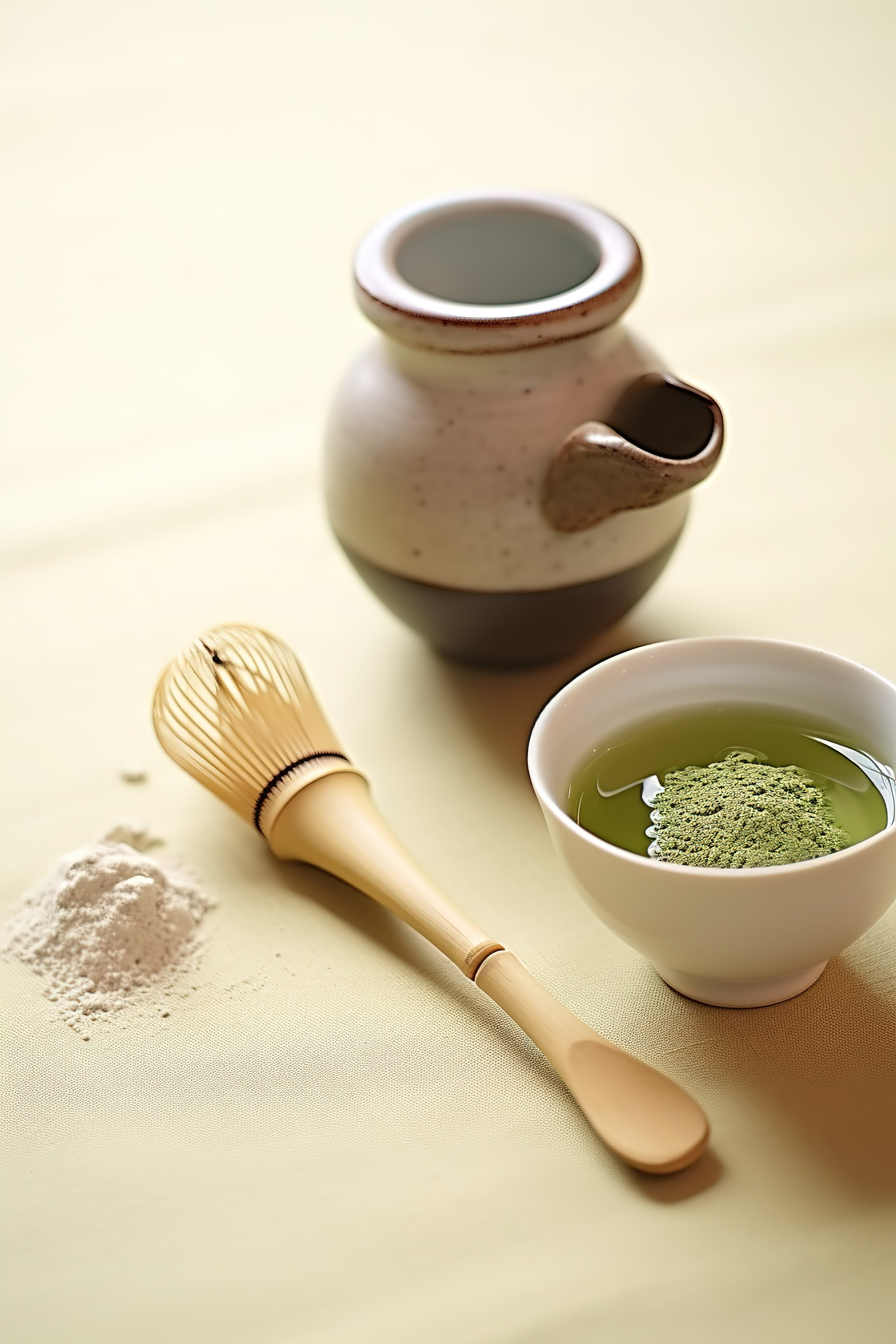 一勺绿茶和一个带有木勺和竹子的碗图片