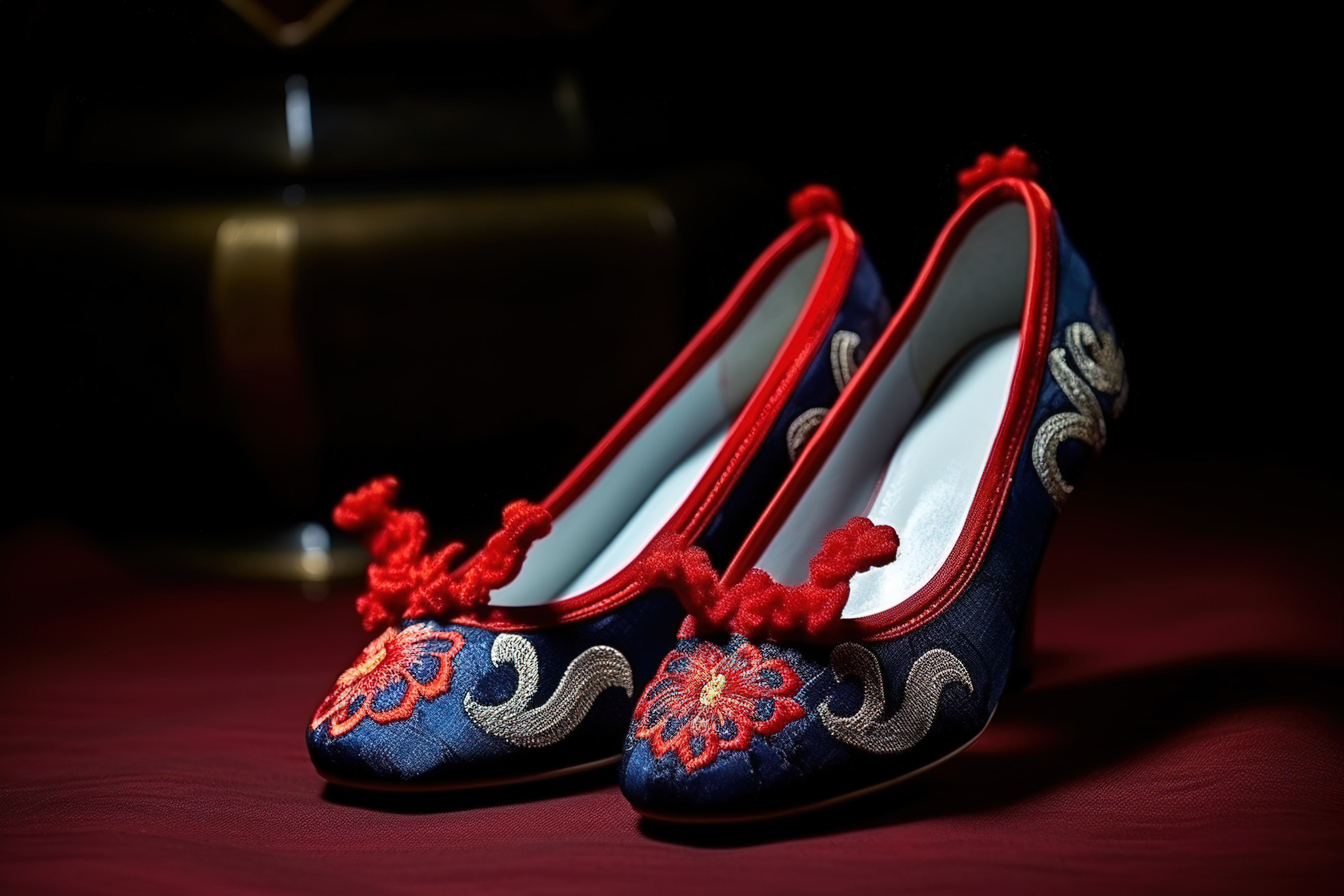 中国传统红蓝刺绣丝绸花边婚鞋图片
