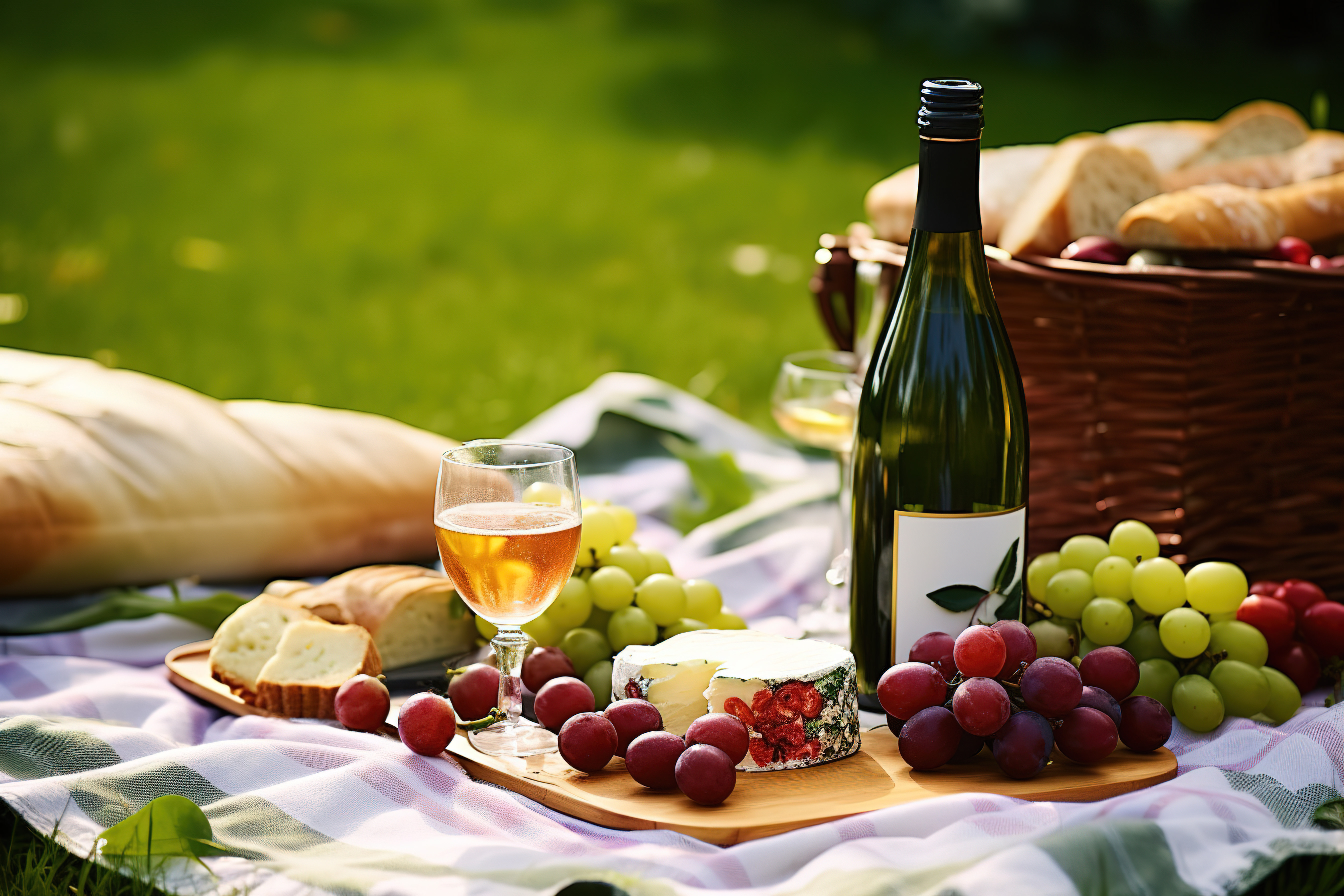 公园里的野餐展示了蔓越莓酒和一些葡萄图片