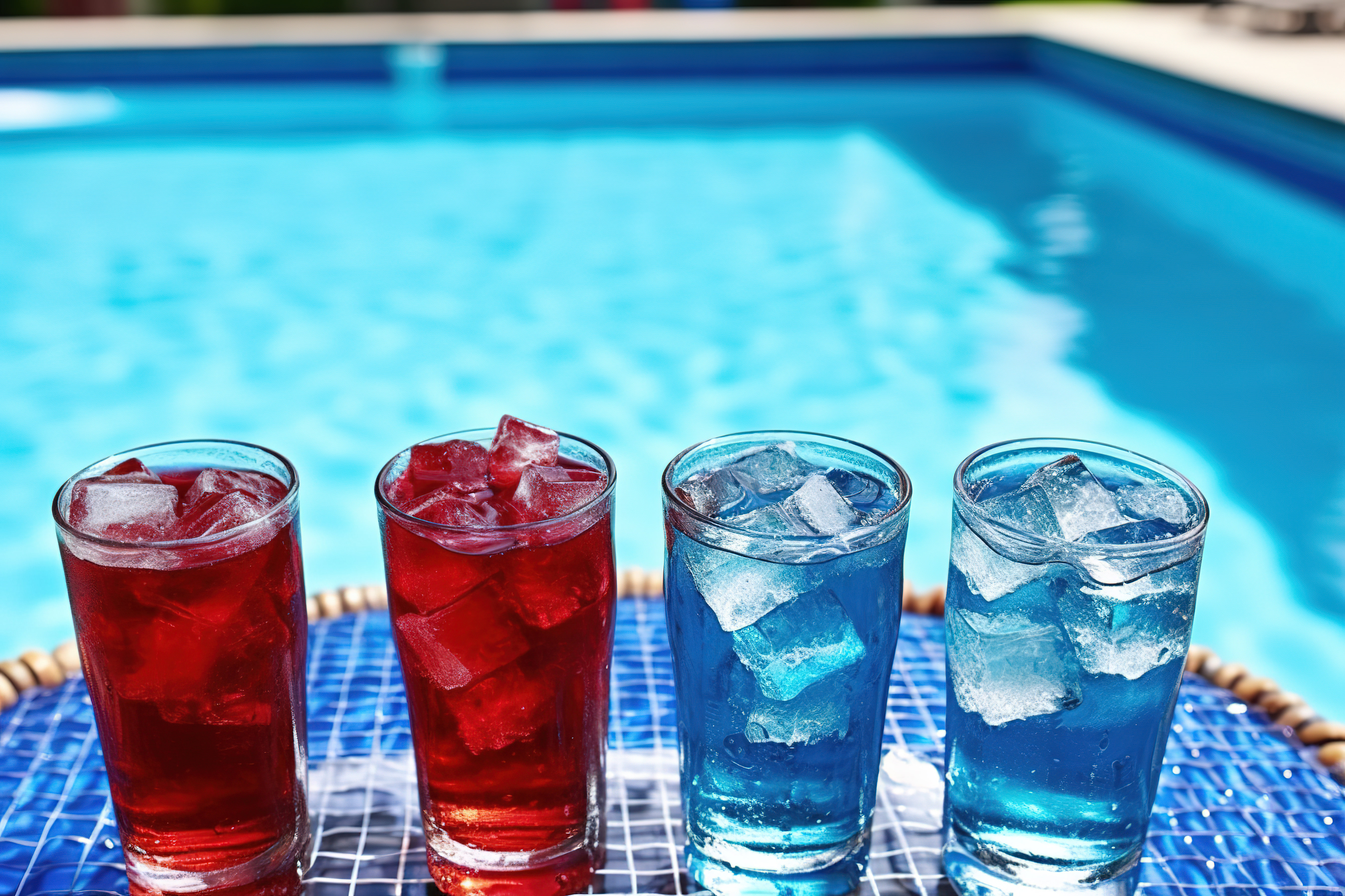 蓝色水池旁边的三个瓶子和三个冰块图片