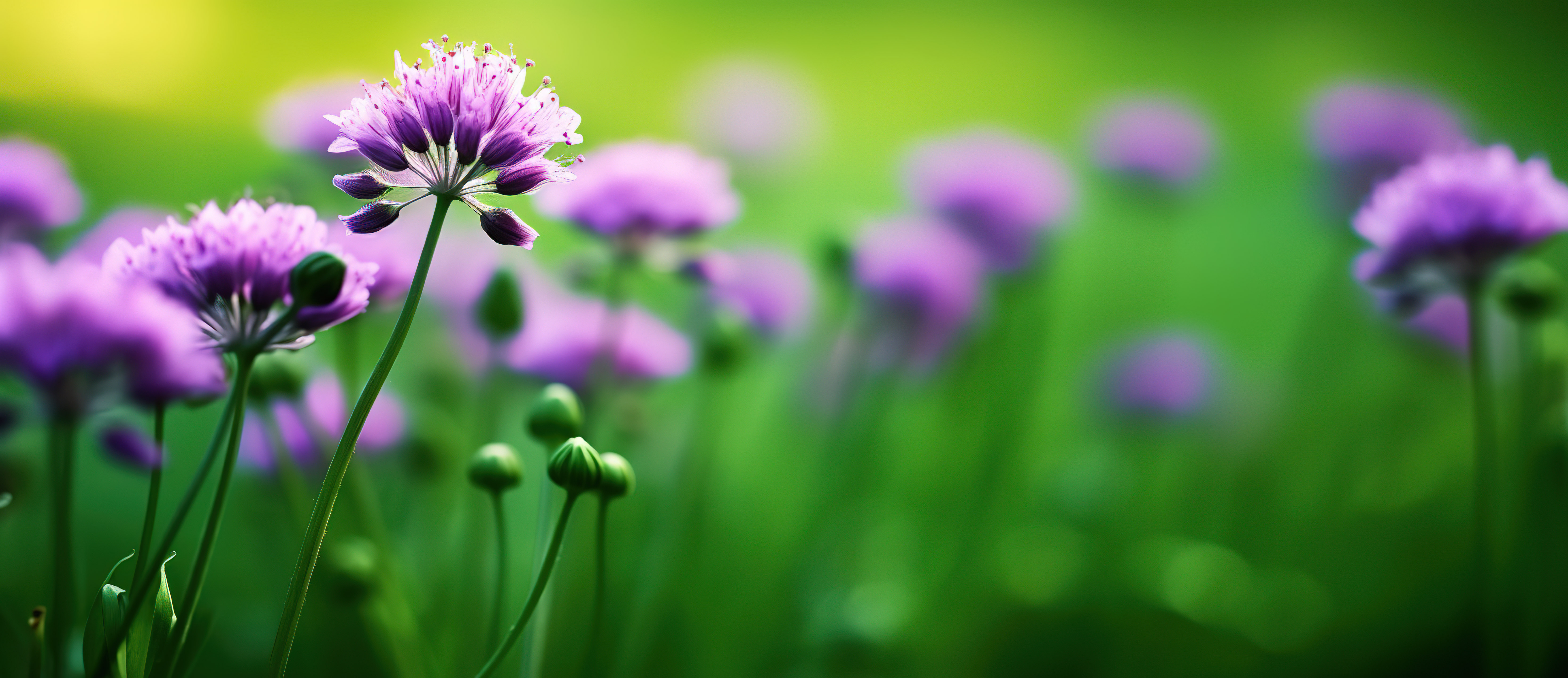 绿色田野中绿色背景的紫色花朵图片