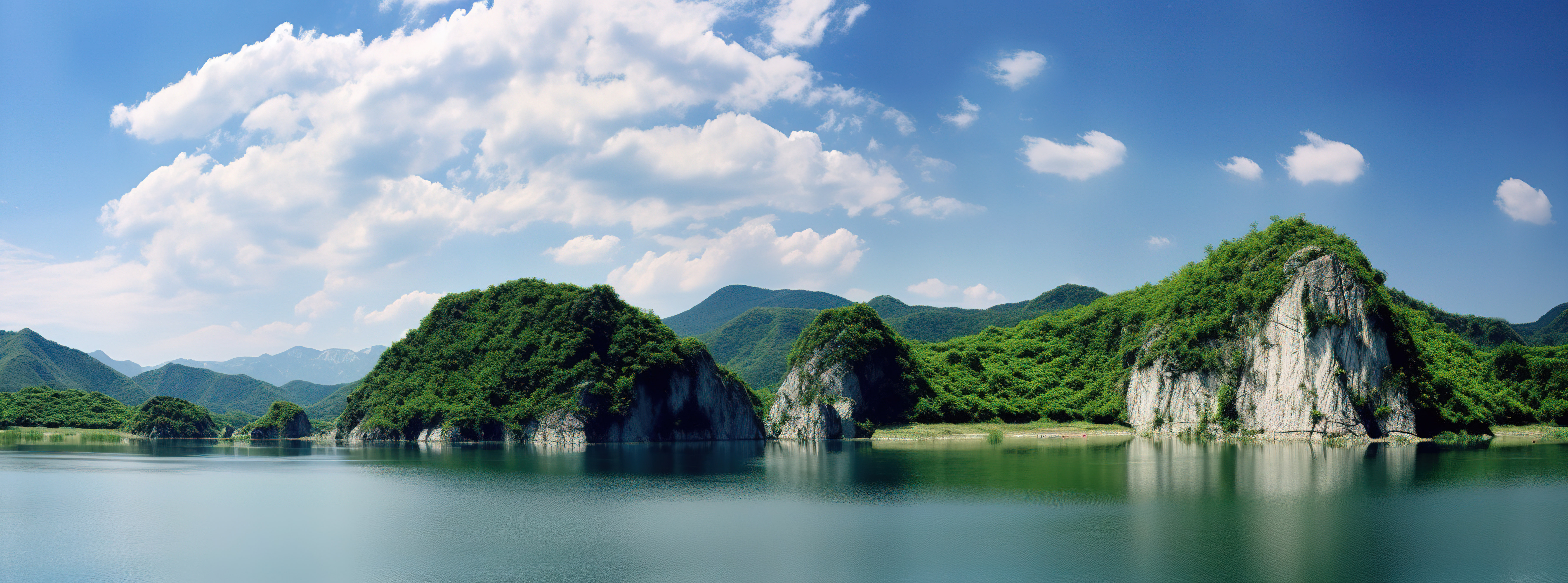 平静的湖面，远处是绿色的风景图片