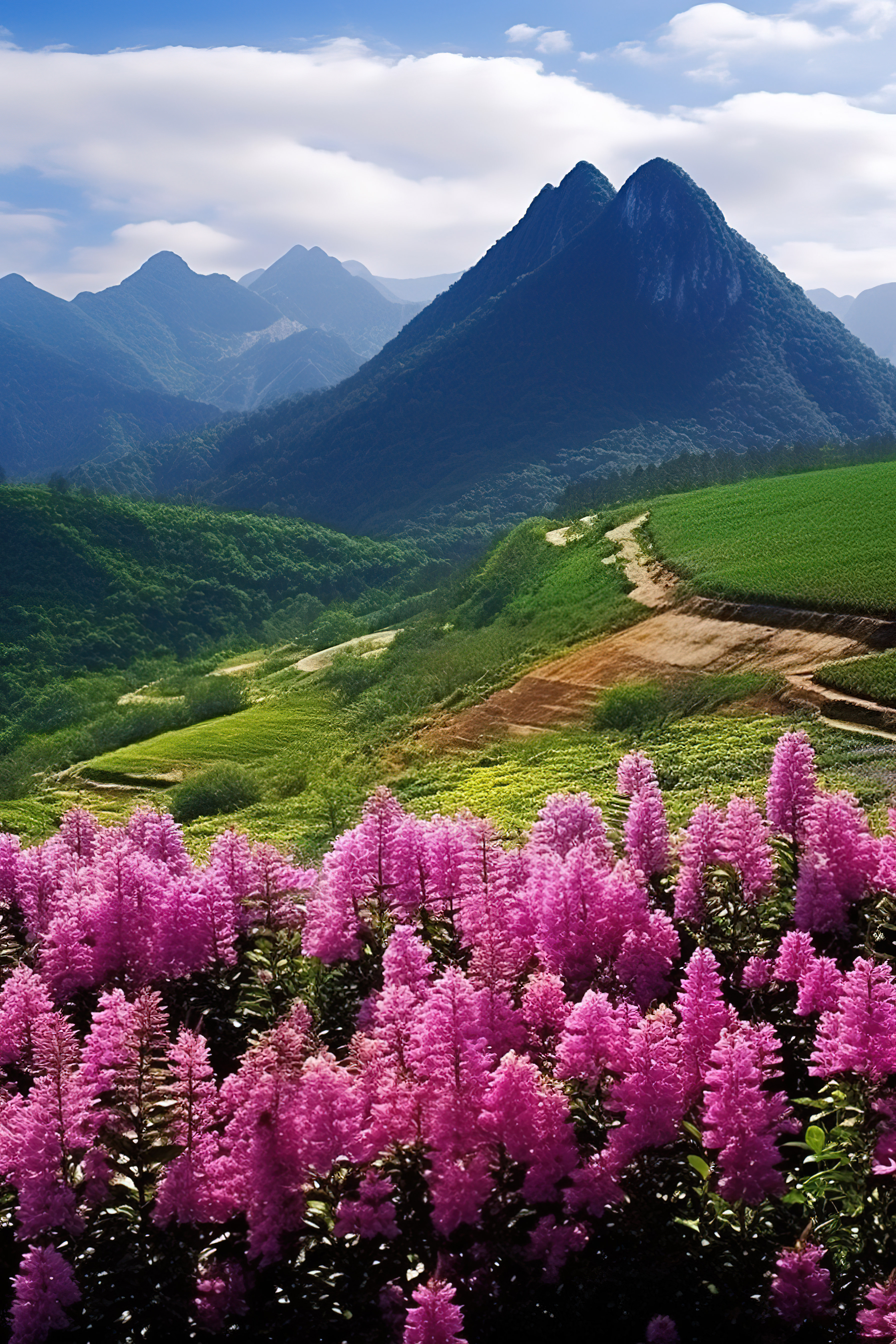 两个开花的山峰，左上角有紫色的花朵图片
