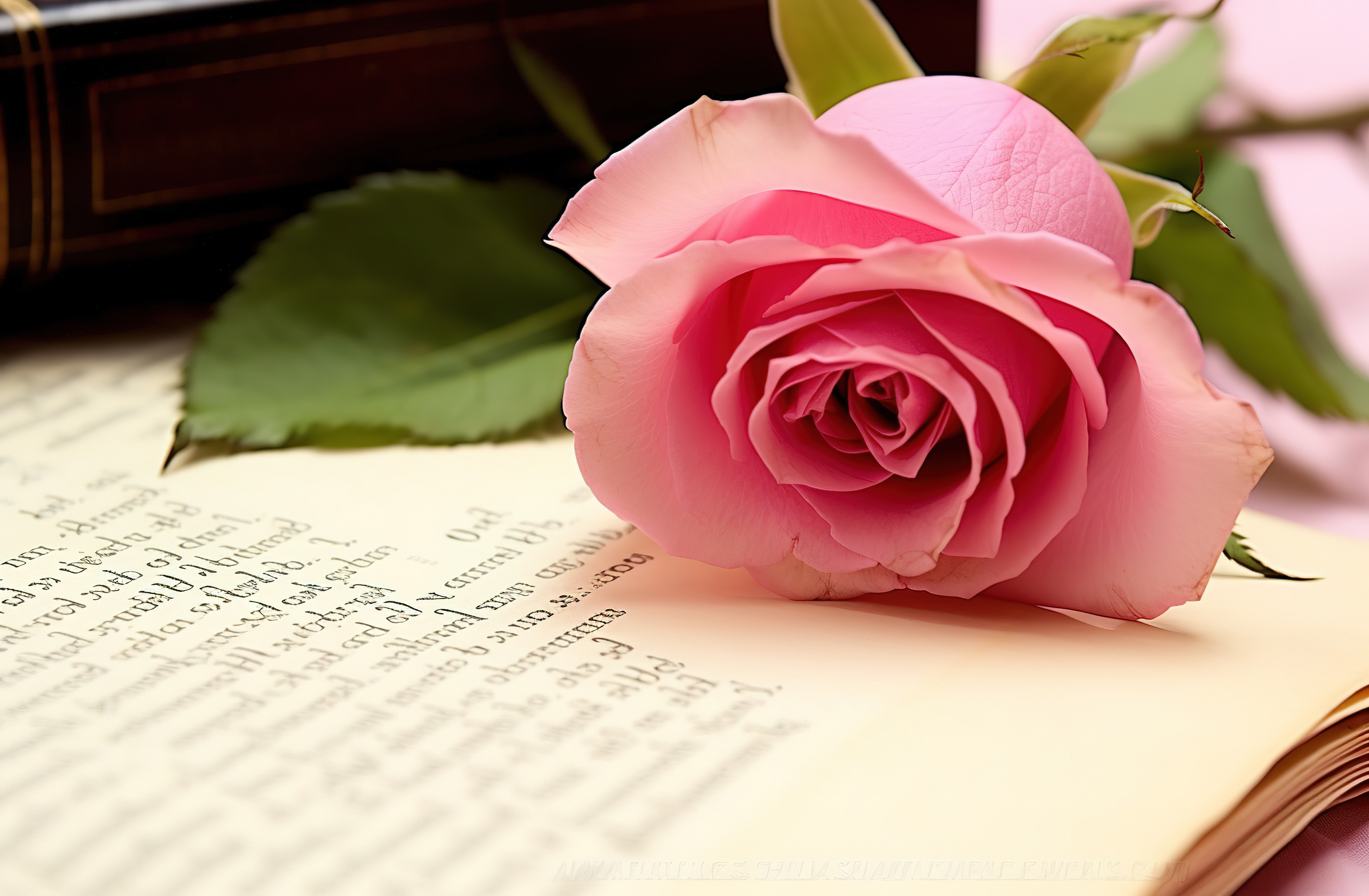 一朵粉红玫瑰坐在一本空书上的一封信旁边图片