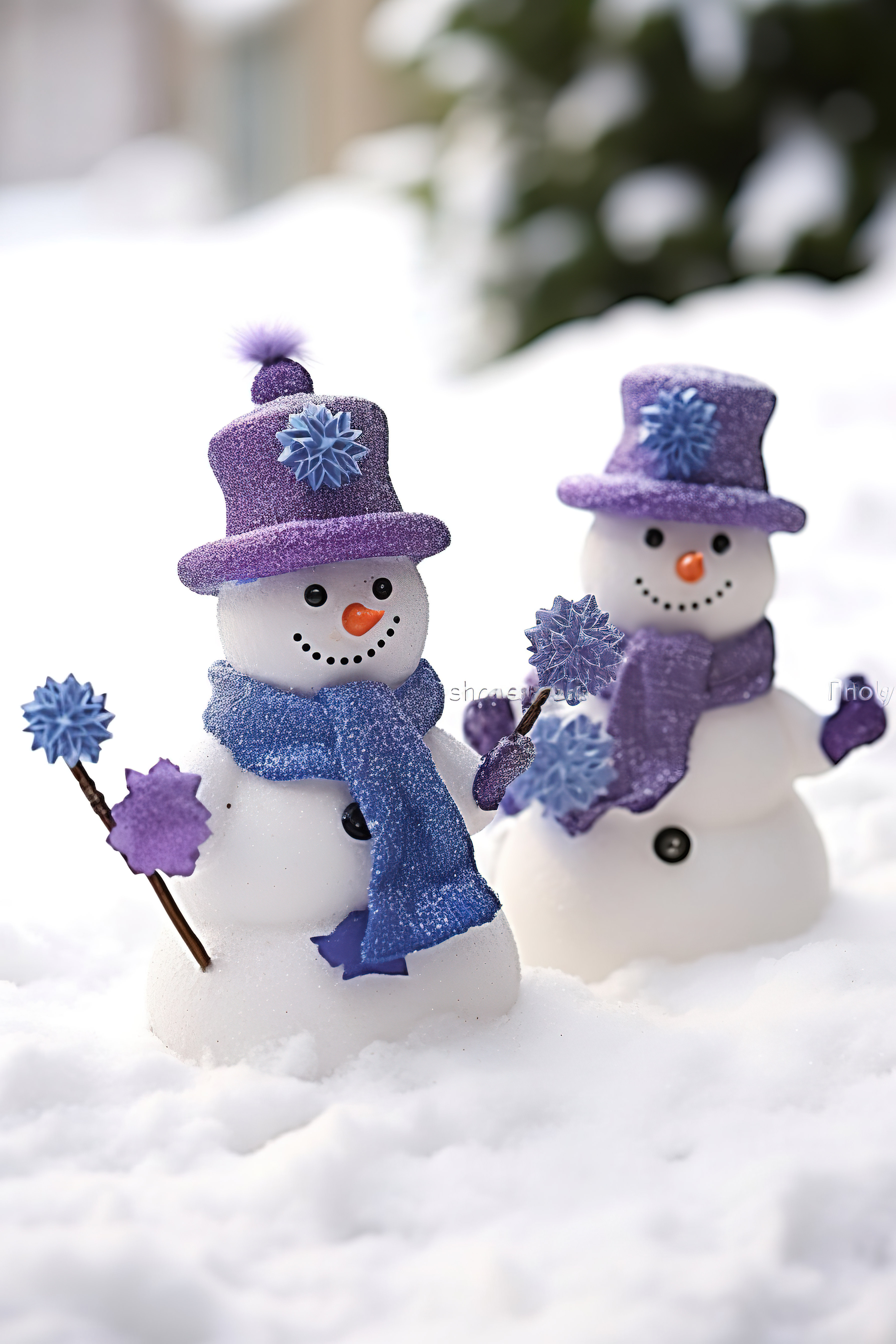 两个雪人手臂上穿着蓝色夹克在雪地上行走图片