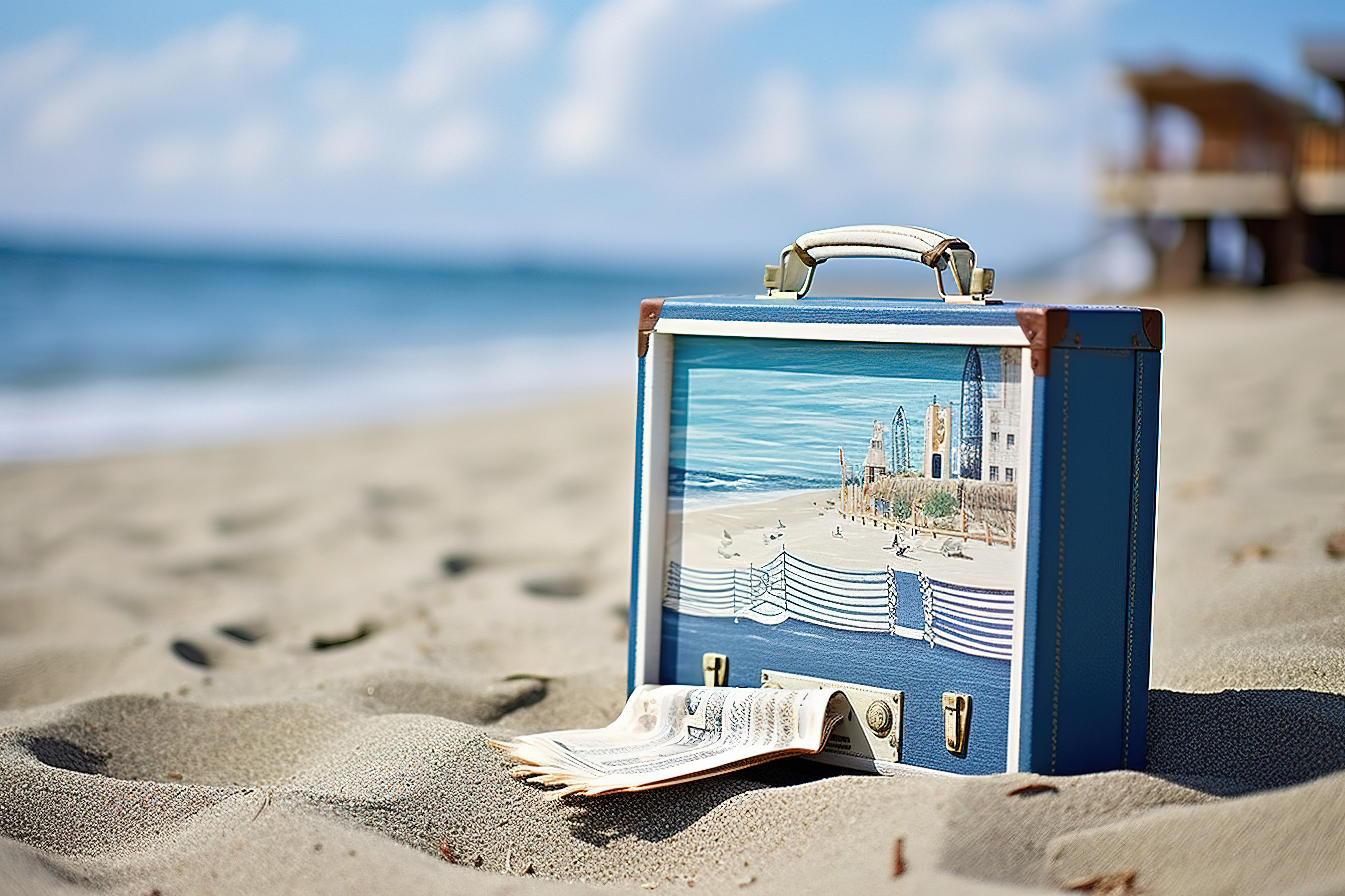 老式手提箱和房子照片在海滩上图片