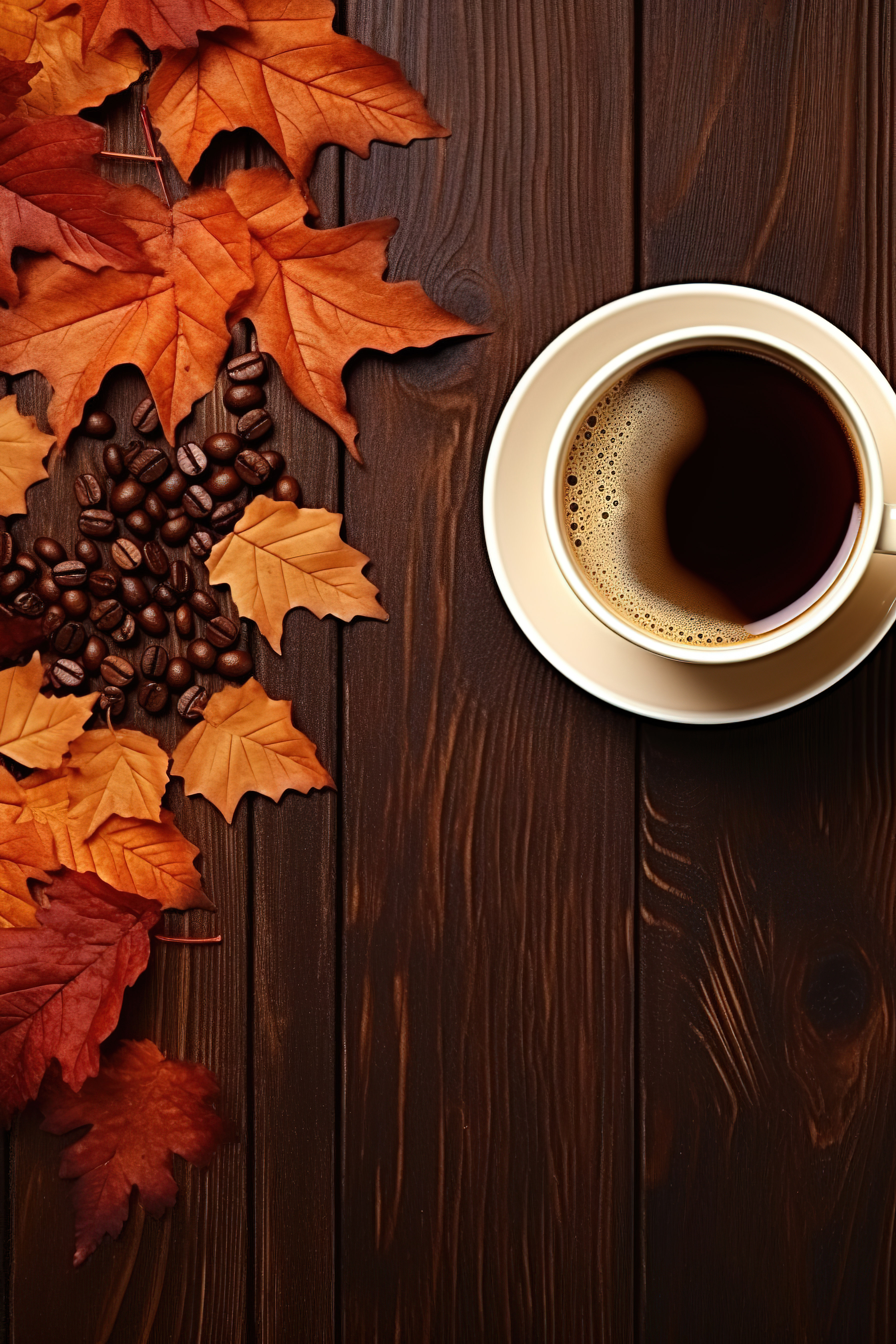 木柜台上的咖啡与秋叶图片