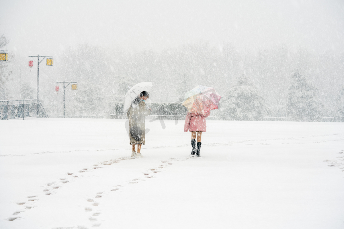 下雪天白天雪地上的小女孩野外雪地上行走摄影图配图图片