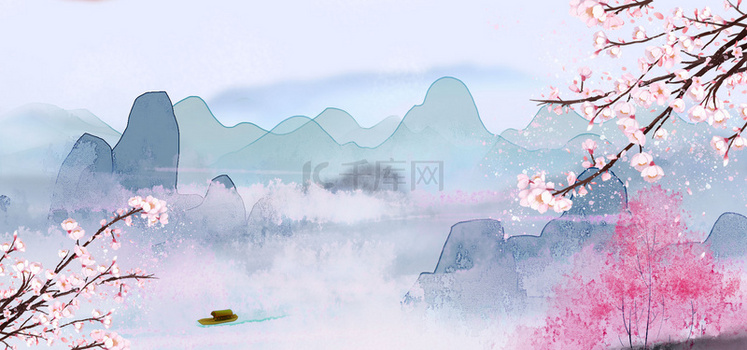 春天山水桃花淡雅中国风背景
