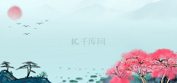 中国古风水墨山水浅色青色古风花树太阳