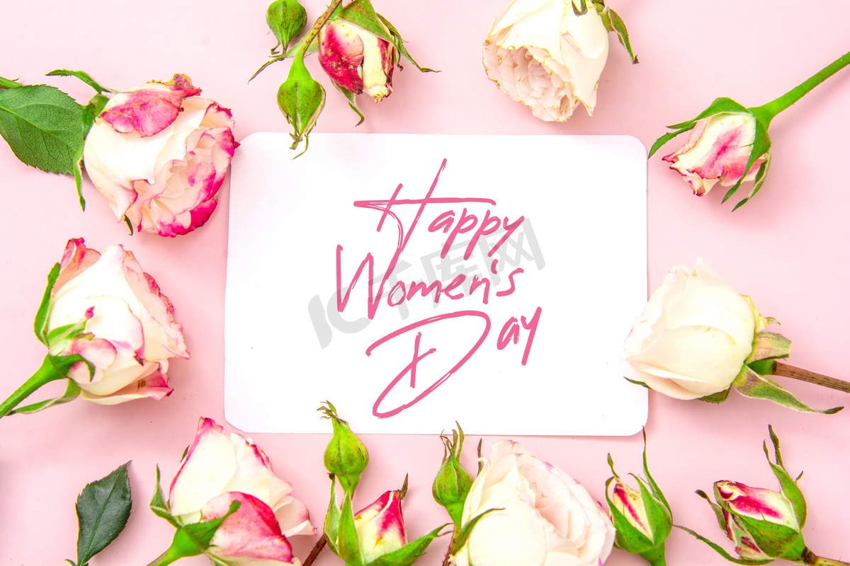 妇女节三月八日卡片和花粉色背景摆放摄影图配图图片