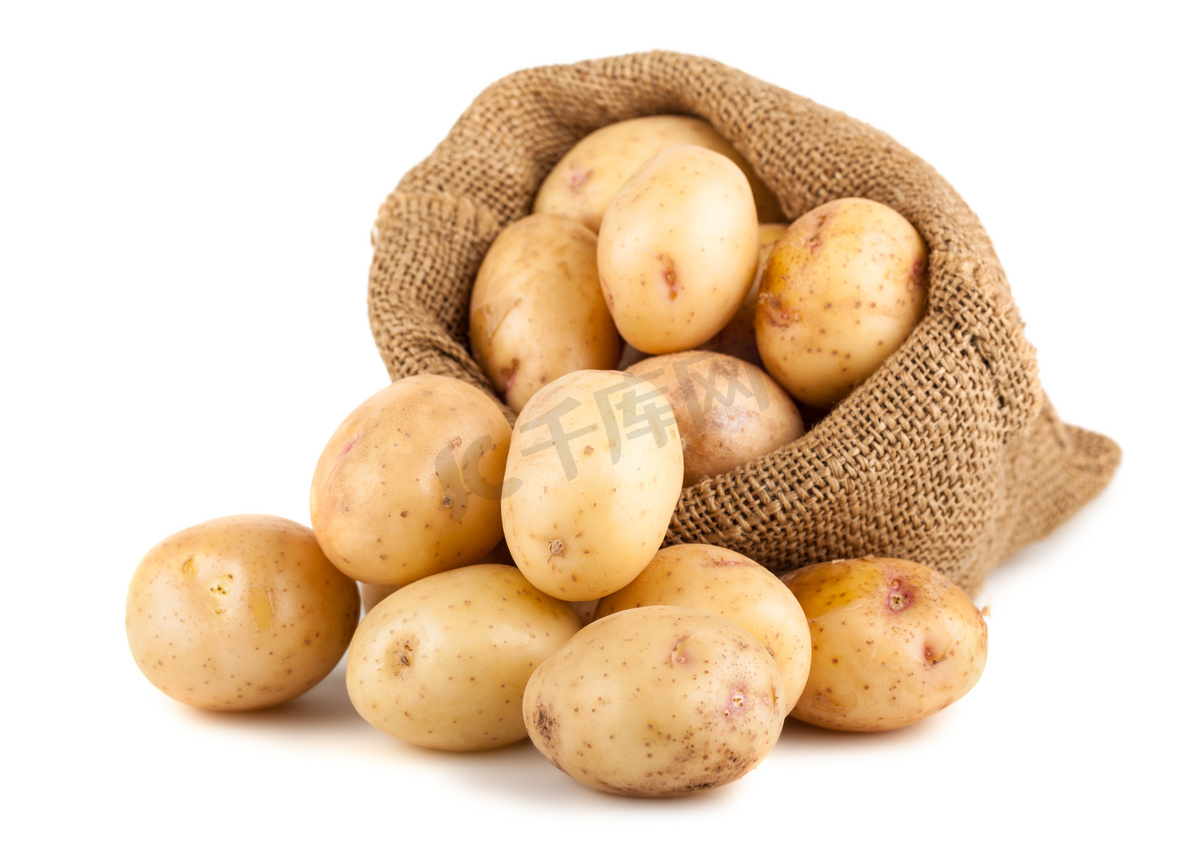成熟土豆在麻布袋图片