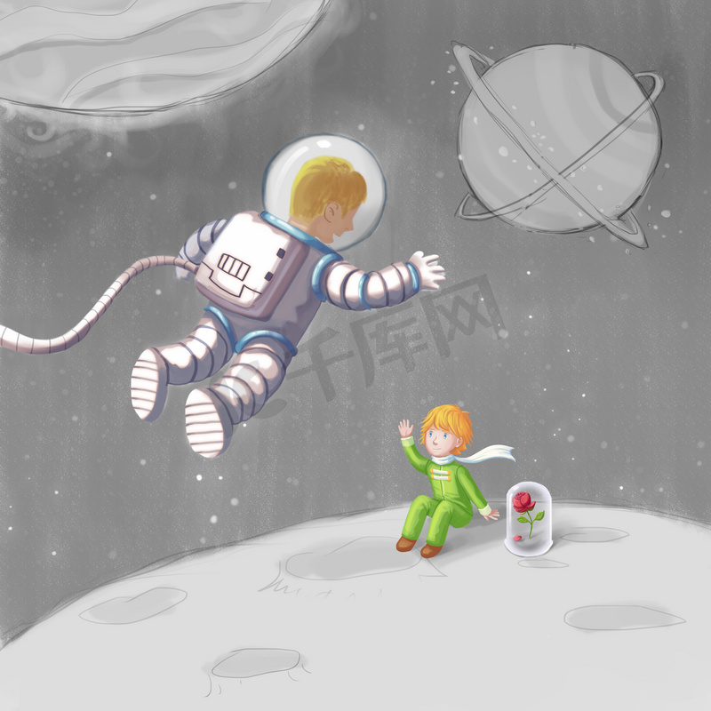 宇航员和小公主。在旅行系列中遇见某人。电子游戏的数字 Cg 艺术作品, 概念插图, 逼真的卡通风格人物设计图片