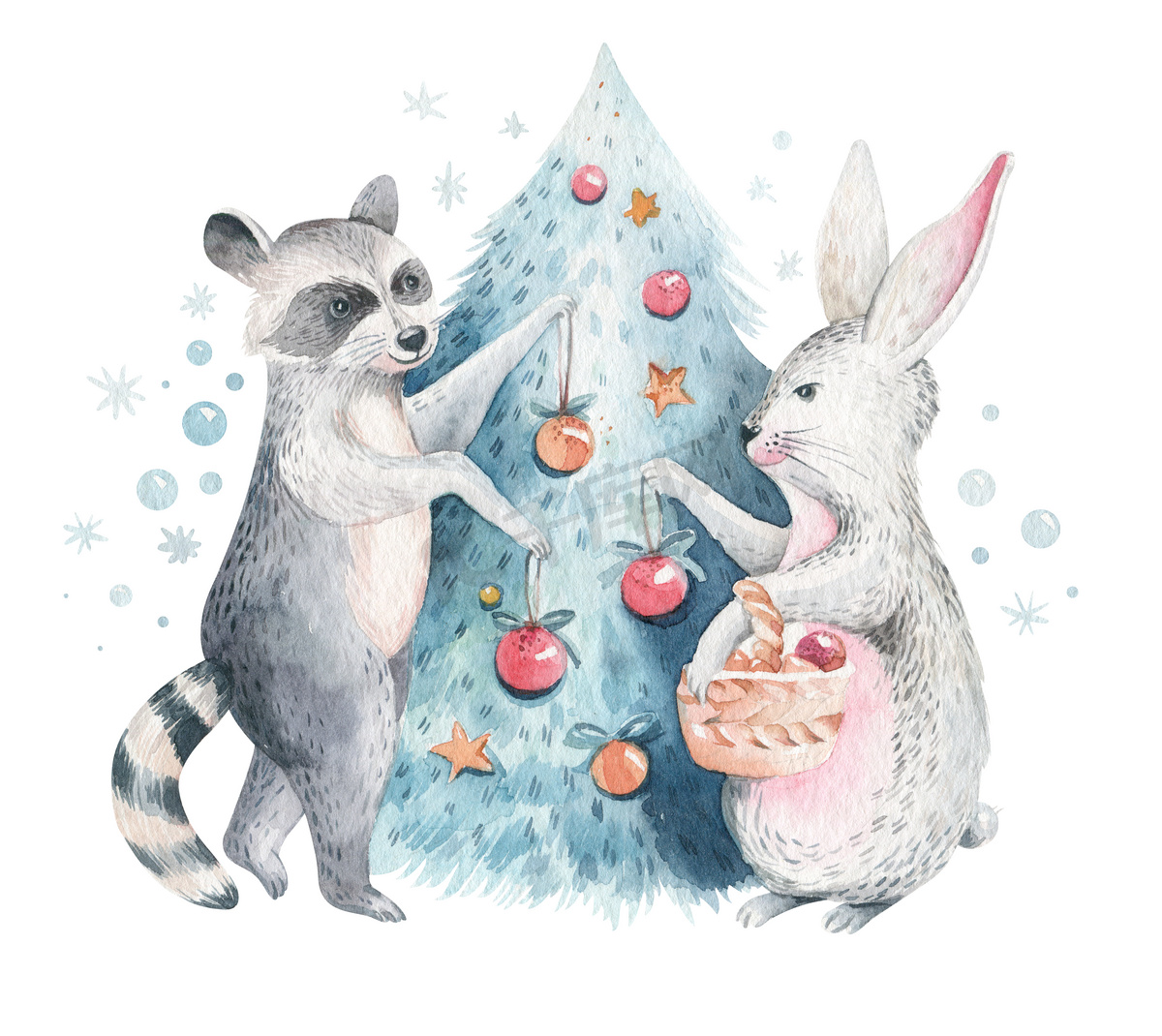 一套圣诞林地森林卡通可爱的兔子和熊动物字符。冬季兔圣诞树花卉元素，花束，浆果，浮华，雪和雪花,图片