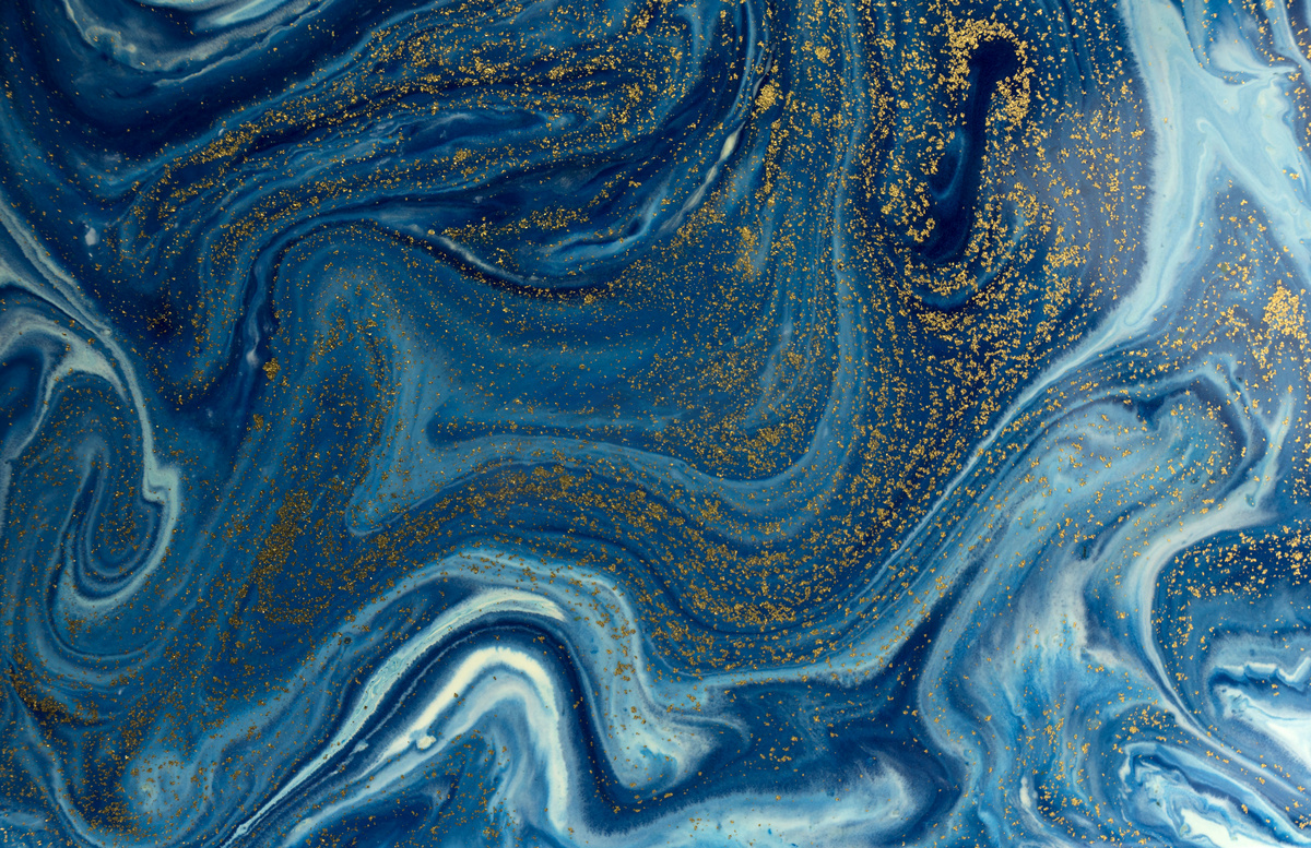 蓝色和金色的背景。液态大理石图案图片