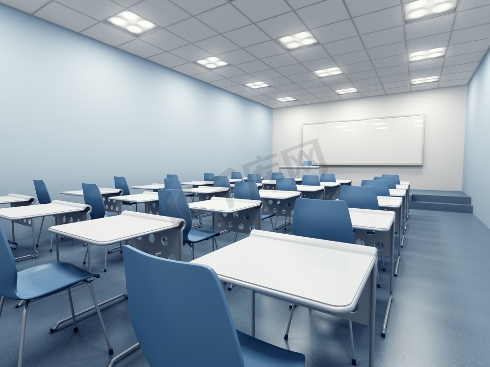 现代的蓝色教室。3D渲染图片