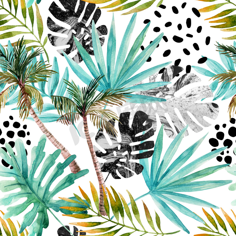 自然无缝模式。手绘抽象的热带夏季背景: 棕榈树, 大理石龟背竹, 扇子棕榈叶, 潦草, 圆点。现代艺术插画图片