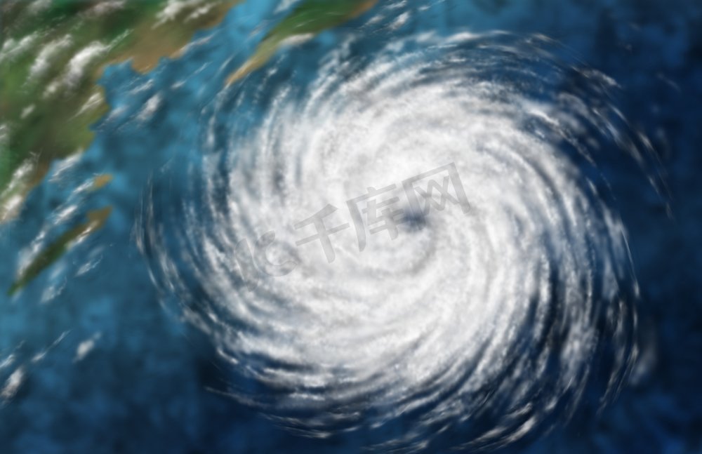 飓风作为一个危险的自然灾害天气系统关闭海洋海岸在一个3D插图风格。图片