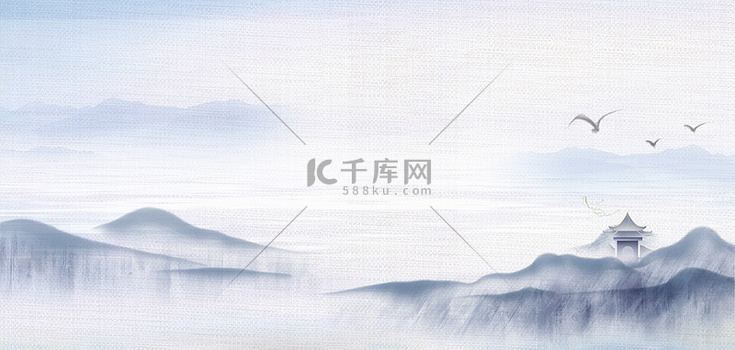 简约亭子山水蓝色
