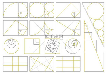 黄金比例神圣比例黄金斐波那契数螺旋上升黄金比例斐波那契数组矢量图解集神圣的几何比例标志形状对称和谐黄金比例神圣比例黄金斐波那契数字