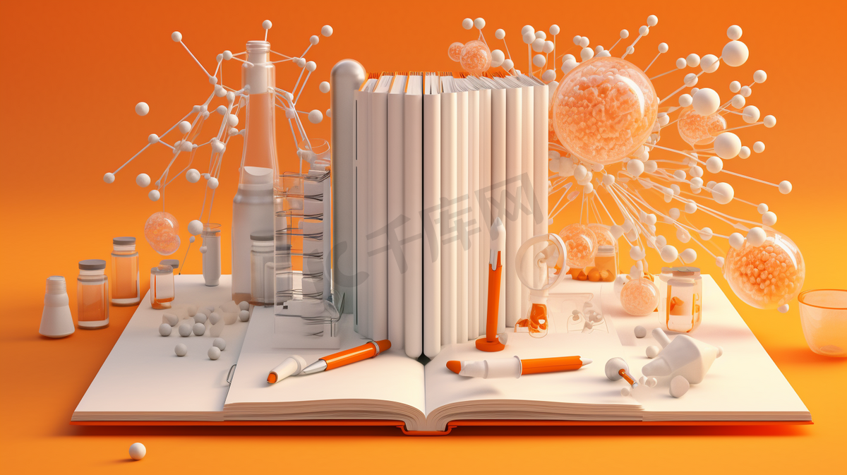 笔记本周围的试管显微镜原子书笔记本和文具在橙色的背景。教育理念说明。3 d渲染。
图片