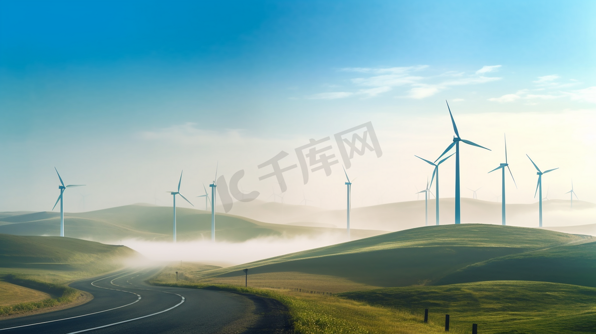 新能源河北张家口张北草原公路风力发电全景图图片
