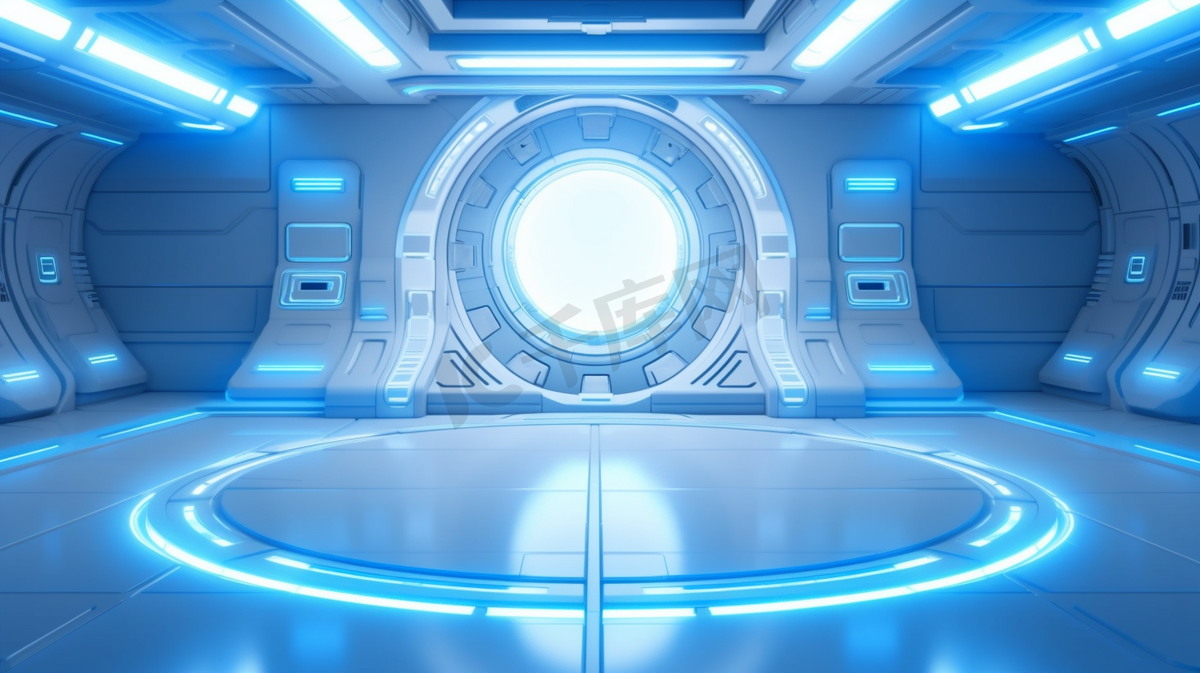 蓝色的飞船内部，发光的霓虹灯反射在地板上。未来走廊在空间站与圆形背景。三维渲染
图片