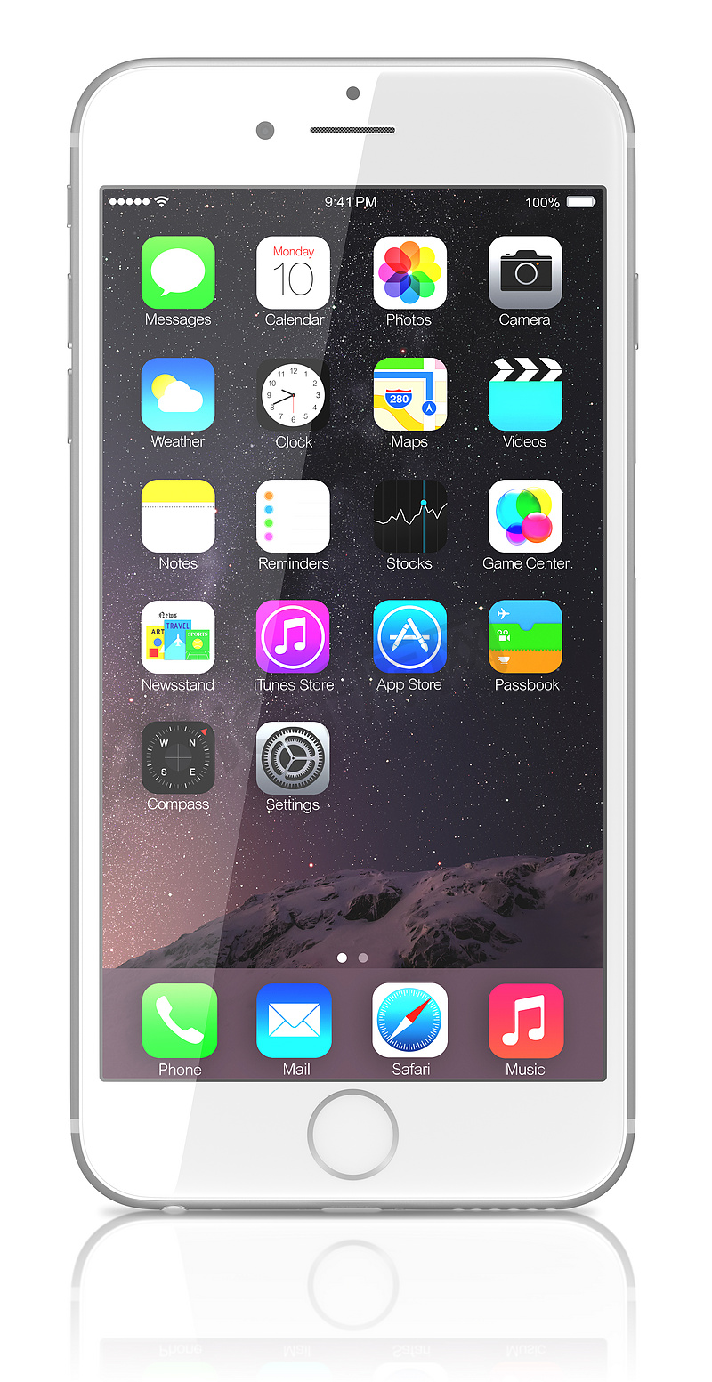 新的银色 iPhone 6 Plus 显示带有 iOS 8 的主屏幕图片