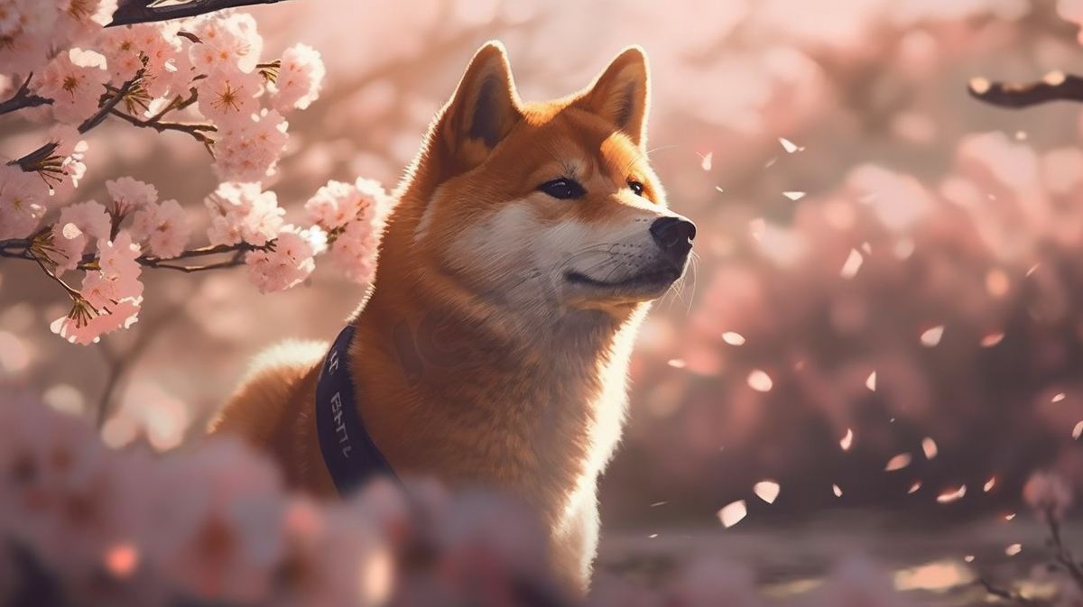 樱花树与小柴犬动物插画图片