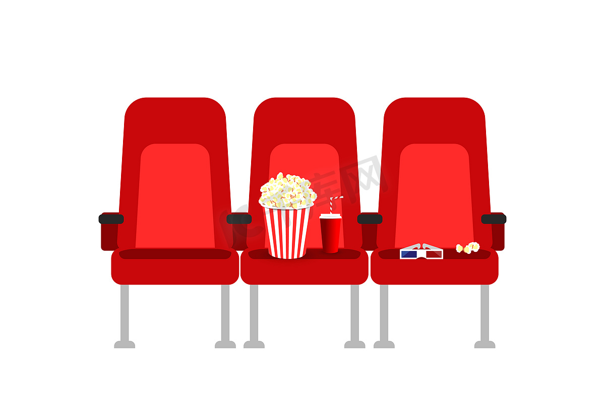 电影中的电影院座位配有爆米花、饮料和眼镜。图片