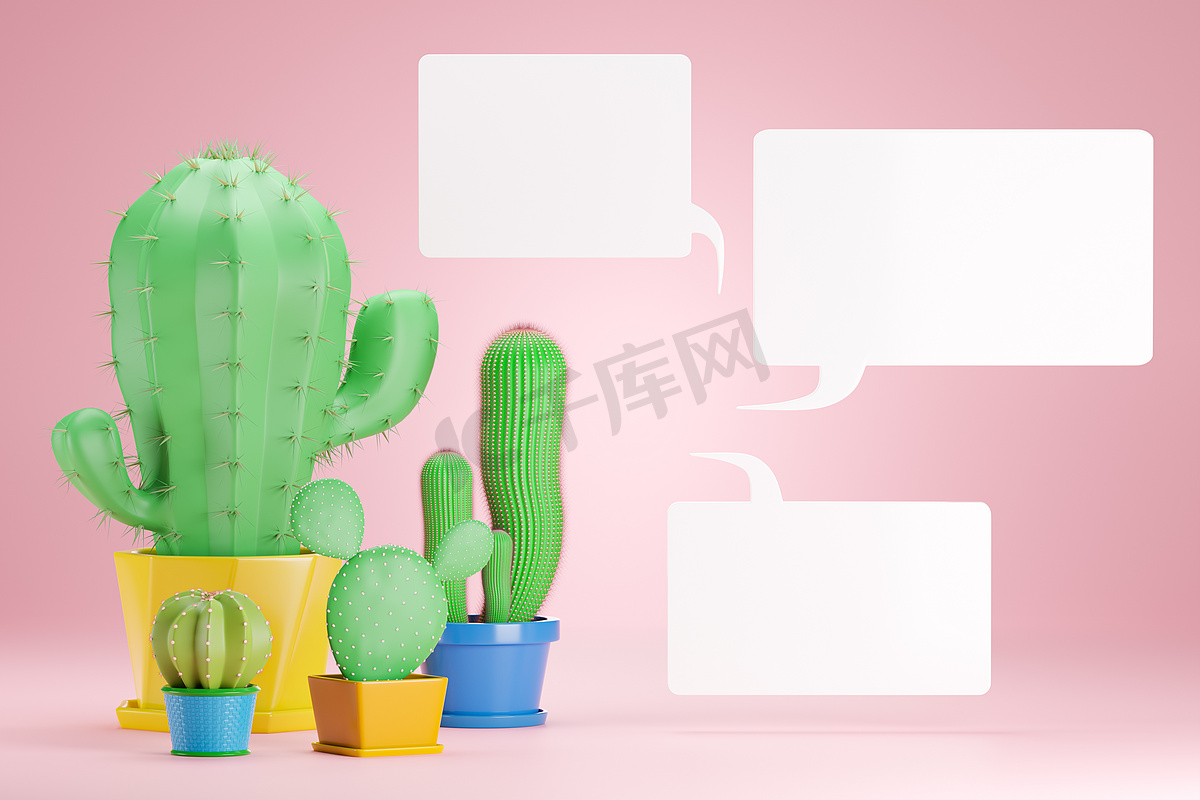 四个仙人掌植物和粉红色背景上的白色空白文本框。图片