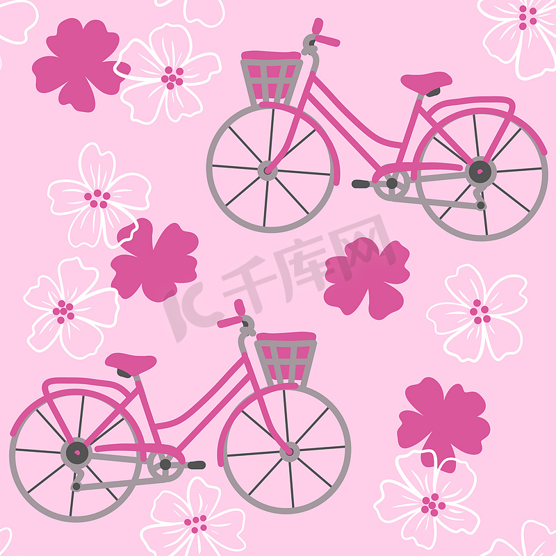 手绘无缝图案与粉红色自行车在樱花盛开的花朵花卉背景上。图片