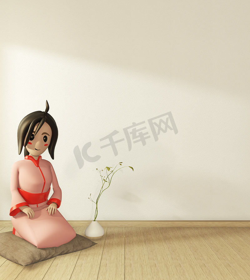 在日式房间内穿着和服的卡通女孩。 图片