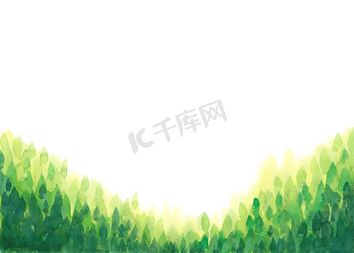抽象水彩手绘绿叶，白色孤立背景上的森林框架。图片