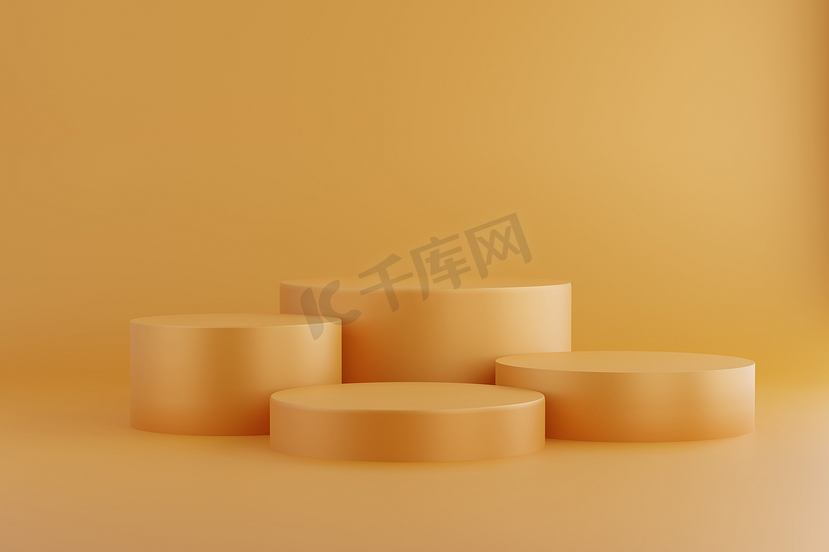 用于产品展示的空黄色展台台阶设计的 3d 渲染，3 个圆柱体，抽象的最小概念，空白空间，简单干净的设计，豪华极简主义样机图片