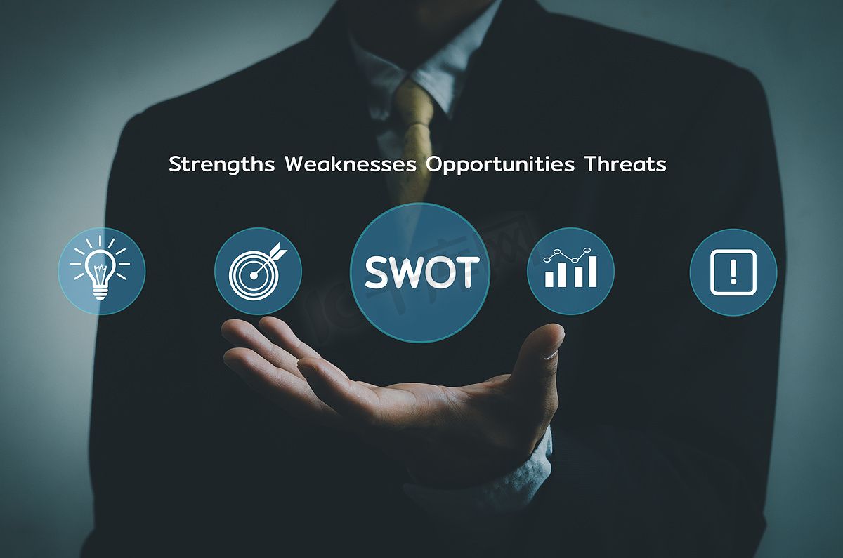 手商人图标 SWOT 优势劣势机会威胁虚拟屏幕。商业营销概念。图片