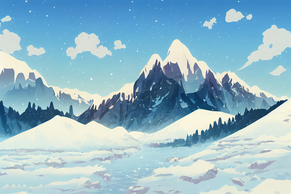 雪山动漫风格背景，卡通风格香椿图片
