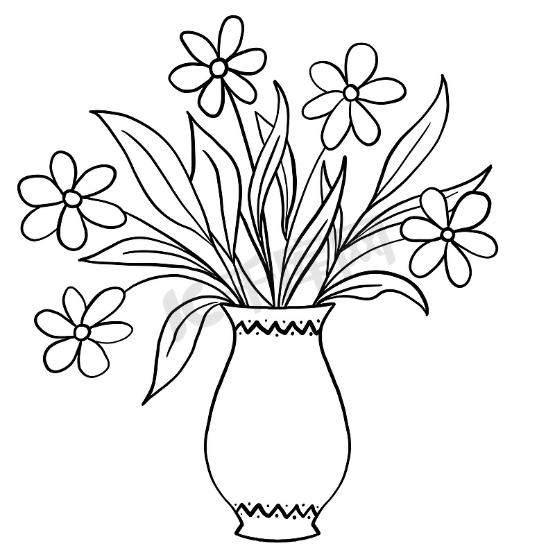手绘花瓶叶插画，黑白优雅婚礼装饰品，线条艺术简约风格设计夏春自然枝叶开花。图片