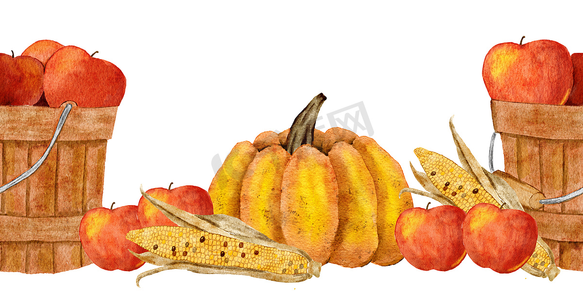 水彩手绘无缝水平边框与黄色 pumpkings 玉米苹果篮子，秋天的落叶。图片