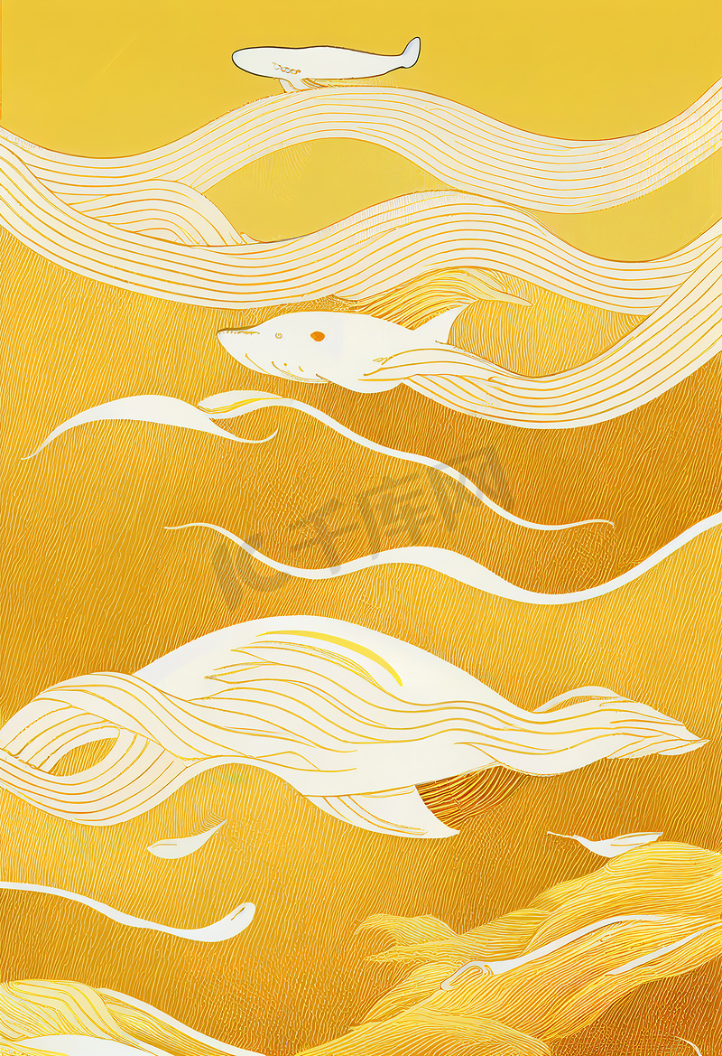 时尚的日式海报，带有波浪和金线鲸鱼，用于纺织品和社交媒体装饰、简约艺术图片