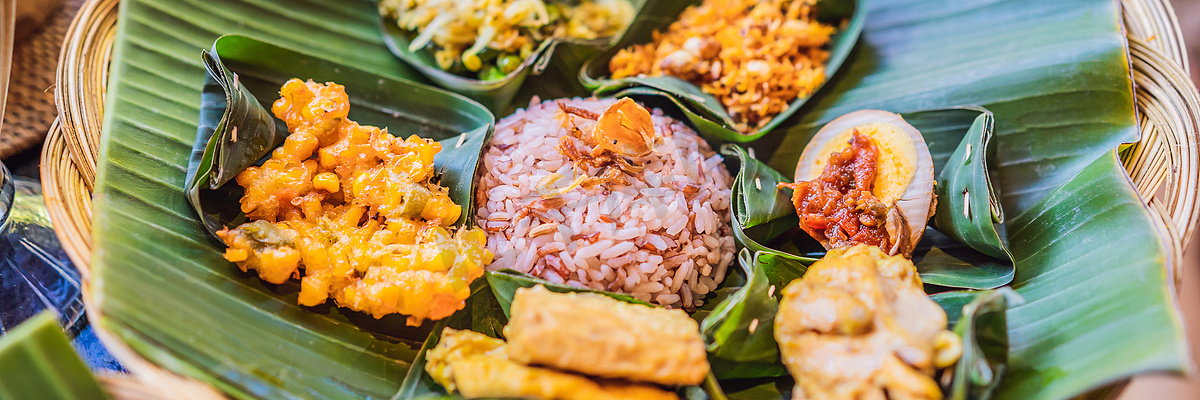 Nasi lemak、Nasi campur、印尼巴厘岛米饭配土豆饼、沙爹、炸豆腐、辣煮鸡蛋和花生 BANNER, LONG FORMAT图片