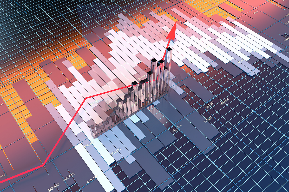 经济数据、财务统计、3D 渲染的增长箭头。图片