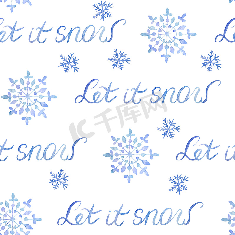 水彩手绘无缝图案与让它下雪短语刻字和蓝色雪花。图片