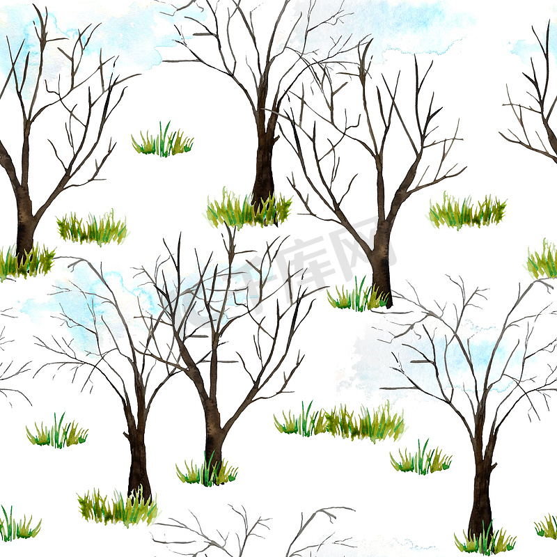 无缝水彩手绘图案与春季森林。图片