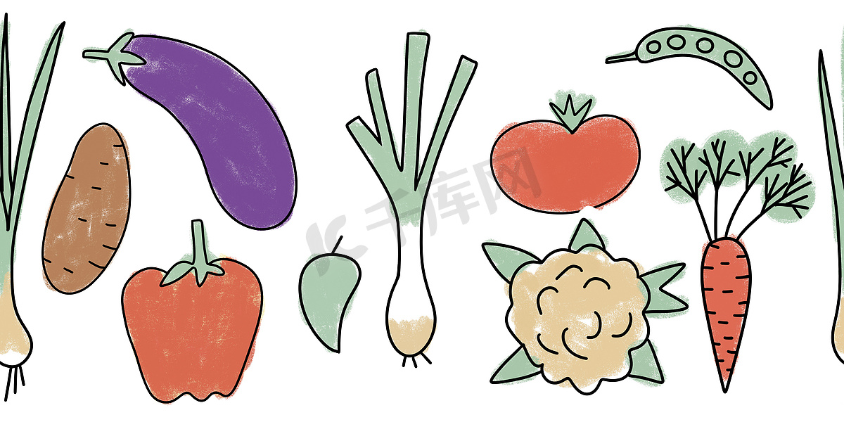 手绘无缝水平边框插图有机健康蔬菜、胡萝卜土豆番茄韭菜萝卜茄子花椰菜。图片