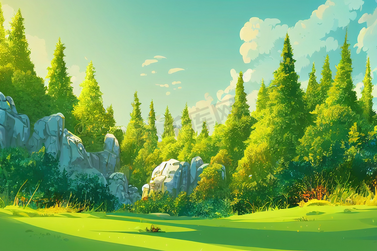 卡通森林背景、落叶树自然景观、苔藓图片