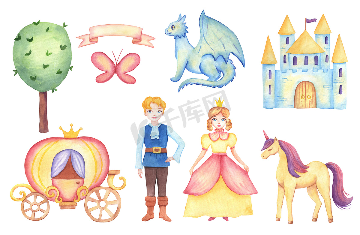 幻想童话剪贴画与人物公主、王子、龙、城堡。图片