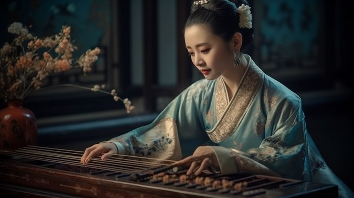 工笔画古风汉服中国风美女弹琴图片